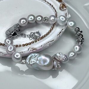 Handmade Freshwater Flameball Keshi Edison Pearl Blue Pink Tone Bracelet
